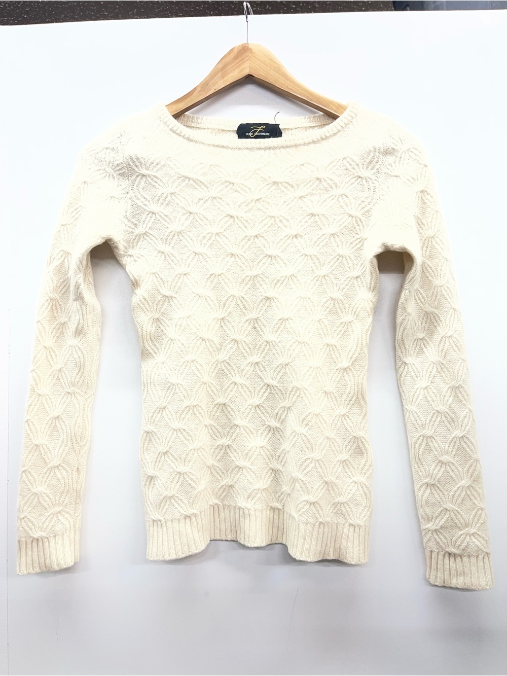 Pure Cashmere Crewneck Cream Cable Knit Sweater